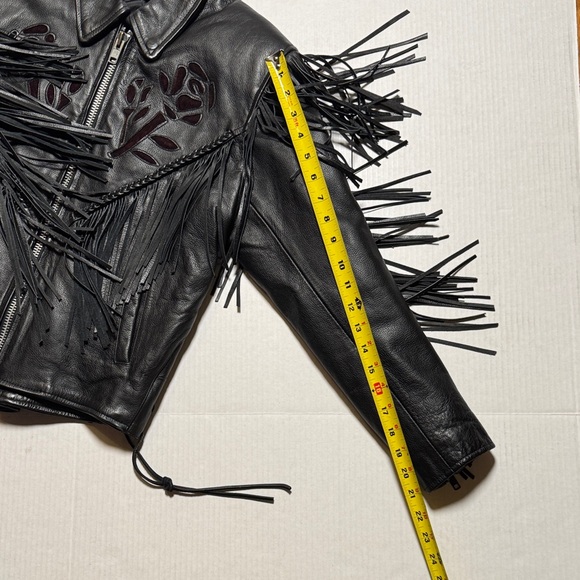 Rose Suede Inlay Black Leather Fringe Braided Moto Biker Jacket High Quality M/L - Picture 9 of 16